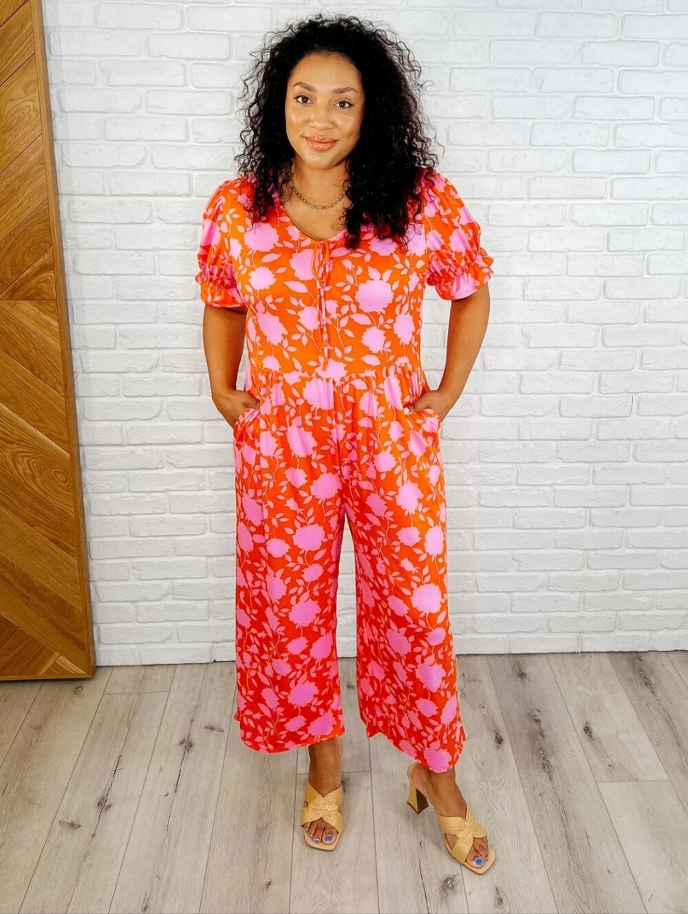 Haptics By Holly Harper Women’s Red Paisley Short-Sleeve Jumpsuit with Tie Neck